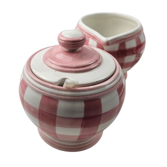 Vintage Cracker Barrel Creamer & Sugar Ceramic Pink White Gingham Plaid - Picture 4 of 11